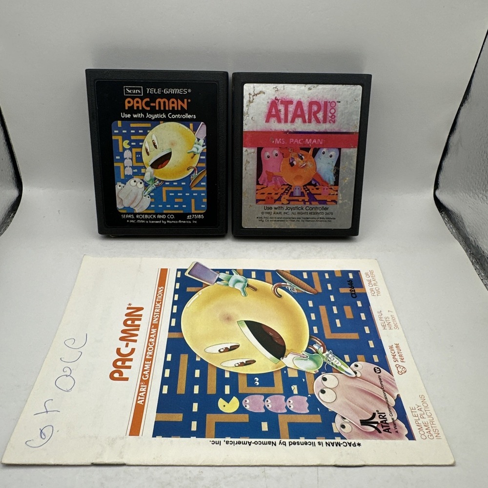 Ms Pac Man & Pac Man Atari 2600 Games LOT Bundle Cartridge with manual